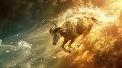 Fantastical image of a glowing ram leaping through vibrant clouds, depicting a surreal and celestial scene full of energy and light.
