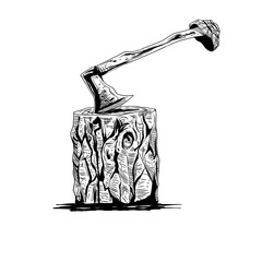 Obraz premium an ax stuck in a piece of wood with a lumberjack hat
