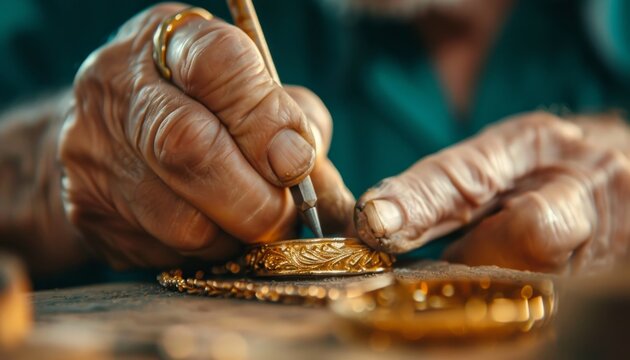 Close-up of Elderly Hands Working on Gold Jewelry