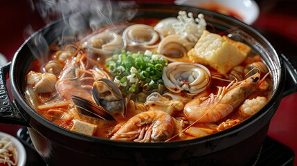 Steaming hot pot of spicy mixed seafood soup, with shrimp, squid, and clams, isolated on red