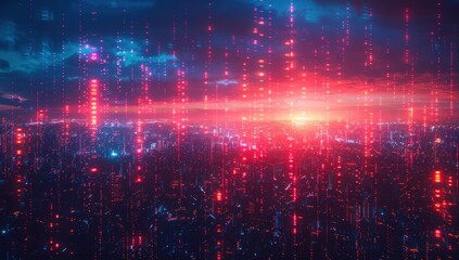 Obraz premium Cyberpunk Cityscape with Glitching Red and Blue Lights