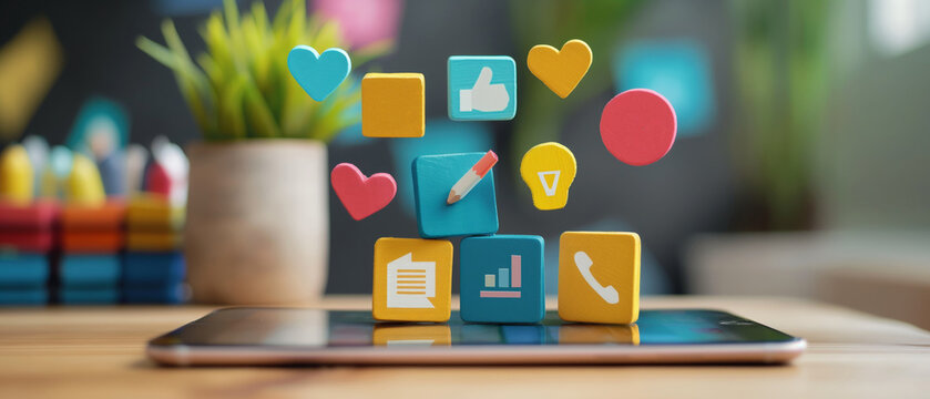 smartphone or tablet on table with cute application symbolize icon floating over screen, mobile application and lifestyle concept 