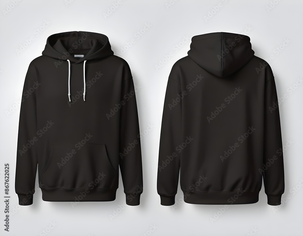 Wall mural a black hooded sweatshirt with a front pocket, shown from the front and back views - Wall murals