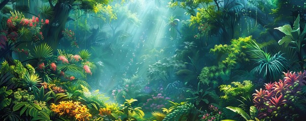 Fototapeta premium A dense rainforest teeming with exotic flora and fauna, its vibrant colors and sounds creating a symphony of life.