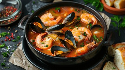 Traditional French bouillabaisse soup with fish, mussels, and shrimp, served hot