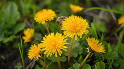 Fototapeta premium Yellow dandelion flowers in spring close up with medicinal and culinary uses