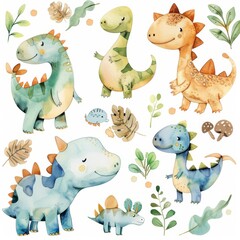 Naklejka premium set of different watercolor illustrations of dinosaurs on a white background