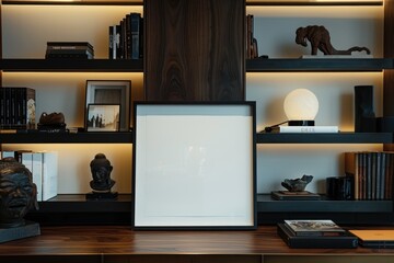 Black Frame on Dark Wood Shelf, Artful Display