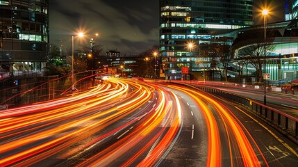 Vibrant orange car light trails captured in a long exposure shot, illustrating dynamic city nightlife
