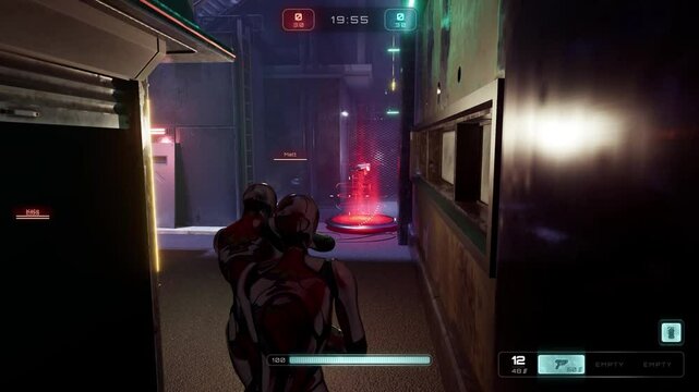 CGI footage of TPS multiplayer online videogame, in post-apocalyptic urban landscape. Two red androids with guns entering arena, chasing, hiding, killing enemies, throwing grenades, grabbing powerups