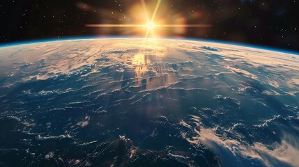 Blue sunrise over the earth horizon viewed from space with vibrant atmosphere and glowing orb - perfect for educational and scientific backgrounds
