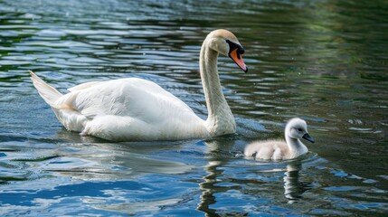 Naklejka premium Swan swimming with baby