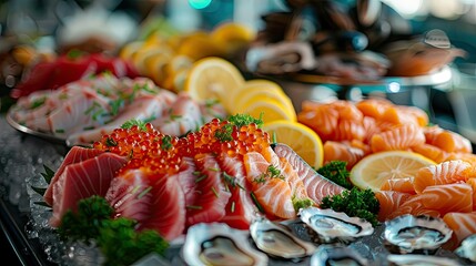 Vibrant seafood display with salmon, tuna, caviar, oysters, dorado fish, and shellfish, garnished with lemon slices