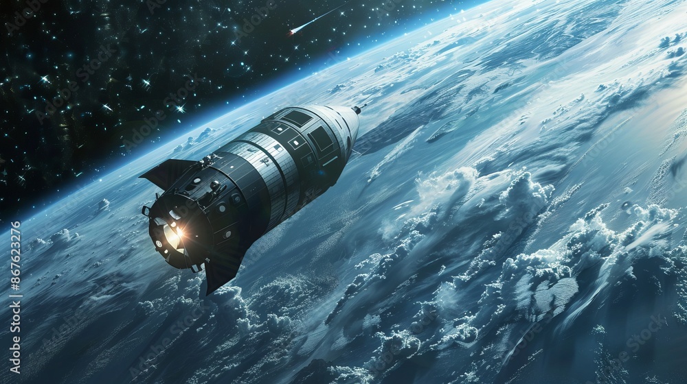 Canvas Prints cargo spaceship orbiting earth in dark space with a stunning view of the blue planet below