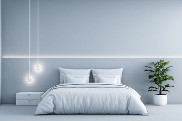 Simple and elegant bedroom interior with a bed, a plant, and two bedside tables with lamps.