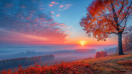 Naklejka premium The image shows a beautiful landscape with a tree in the foreground and a sunset in the background