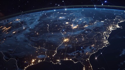 United states enveloped by an interconnected satellite network, depicting global connectivity and technology advancement, space exploration concept with a dark blue sky and glowing satellite constella