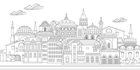 coloring book page for adults and children. cloudy cityscape