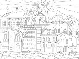 coloring book page for adults and children. sunny cityscape with © Aloksa