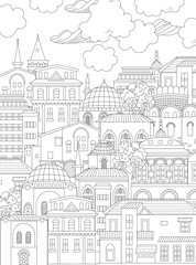 coloring book page for adults and children. cloudy scenery europ