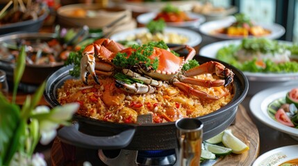 Obraz premium Vibrant Thai-style buffet featuring Crab Fried Rice and a variety of seafood dishes, ideal for culinary inspiration