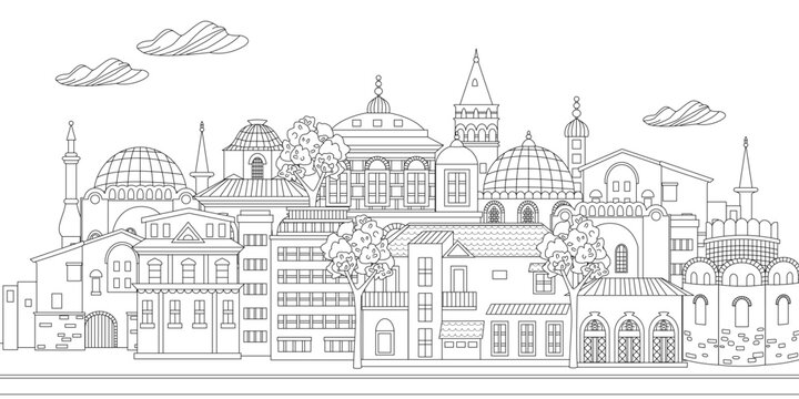 coloring book page for adults and children. cloudy cityscape