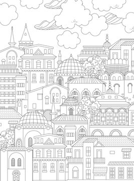 coloring book page for adults and children. cloudy scenery europ
