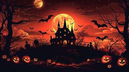 Spooky Halloween Night with Haunted House, Full Moon, Bats, and Glowing Jack-o'-Lanterns