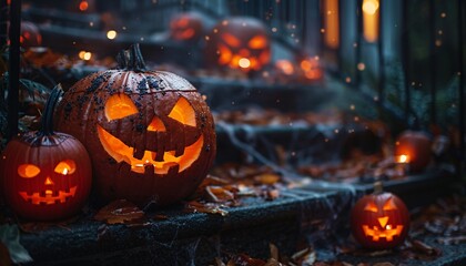 Spooky Halloween Jack-o'-Lanterns on Steps with Glowing Lights and Autumn Leaves in the Evening
