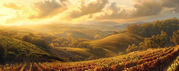 A picturesque vineyard nestled among rolling hills, its rows of grapevines basking in the warm sunlight of a summer afternoon.