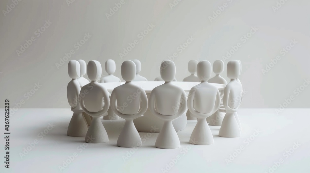 Poster minimalist 3d concept of a business team represented by simple figures, collaborating around a singl