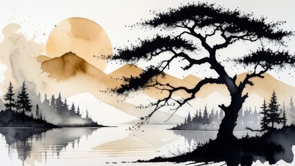 Serene Lake with Solitary Tree