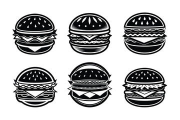 Vector illustrations of burger silhouettes, perfect for logos, branding, and design projects. This bundle offers versatile burger designs for various uses.