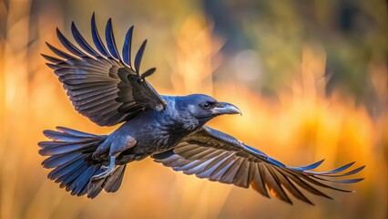Obraz premium A detailed image of a raven in flight , Raven, black bird, wings, feathers, flying, wildlife, nature, sky, majestic, birdwatching