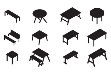 Desk table silhouette set vector design big pack, able picnic icons set isometric vector. Empty garden park. Furniture creation