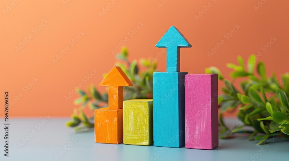 Poster colorful blocks arranged in ascending order with arrows pointing upward, set against an orange backg