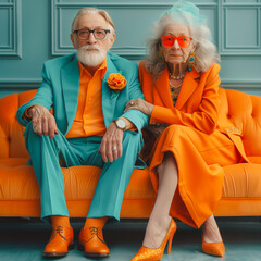 Beautiful senior old couple wearing fancy party clothes acting in studio on a colored background