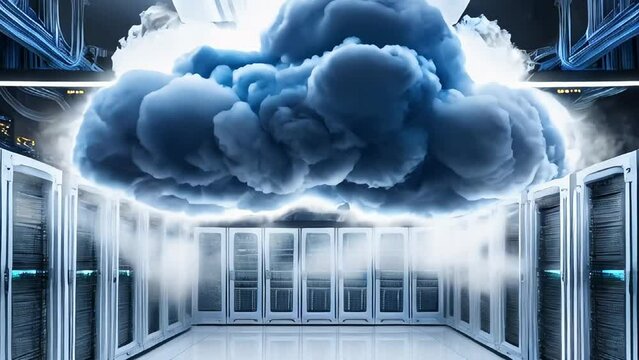 Natural cloud enveloped in smoke above server racks in a futuristic data center, highlighting seamless integration of cloud technology

