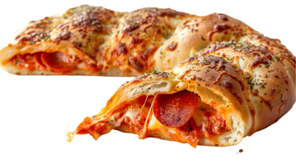  A pepperoni stromboli, with its golden crust and bubbling cheese, cut in half to reveal the delicious filling on a transparent background 