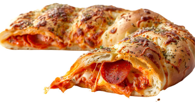  A pepperoni stromboli, with its golden crust and bubbling cheese, cut in half to reveal the delicious filling on a transparent background 
