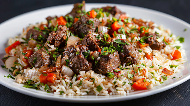 Delicious traditional plov with juicy beef, aromatic rice, and crisp vegetables for an unforgettable dining experience