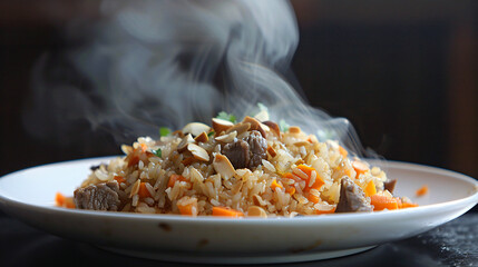 Delicious plate of uzbek plov, steaming hot and ready to be enjoyed