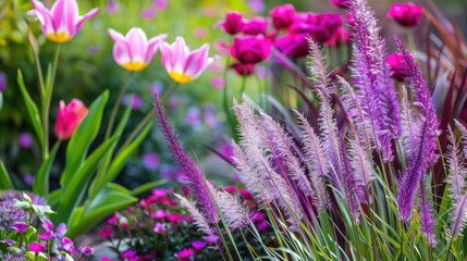 Naklejka premium Beautiful Purple Fountain Ornamental Grasses swaying in the summer sun alongside hot pink Mandevilla fuchsia Tulips and Miss Molly Butterfly Plant