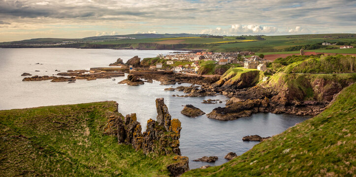 Panoramic view of St. Abbs, small fishing village on the east coast of Scotland