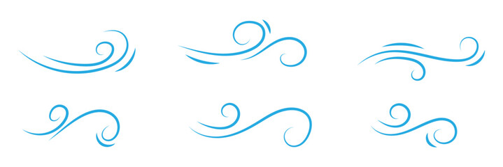 Doodle air wind motions, windy storm blows and hurricane flow waves and curls, vector icons. Wind cartoon effects in doodle line art, autumn wind blowing in speed motion.