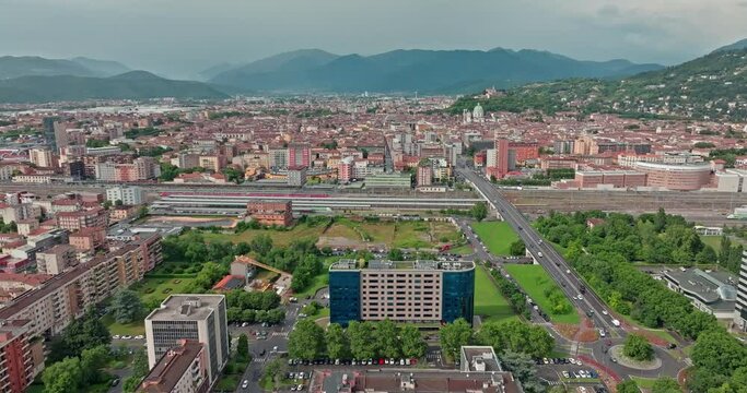 Aerial Cityscape of Brescia, Italy: Modern Architecture and High-Rise Buildings in a Beautiful Urban Landscape. High quality 4k footage