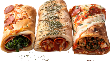  A pepperoni stromboli, veggie stromboli, and meatball stromboli, each sliced open to showcase their fillings, on a transparent background 