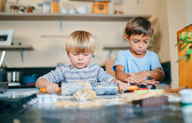 Baking, rolling pin and kids in kitchen with dough for bonding, weekend fun and help in home....