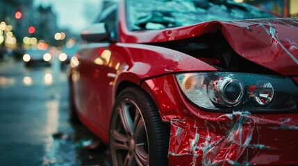Damaged Red Car on City Street After Accident during Rainy Evening