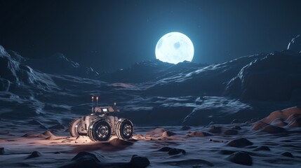 Rovers exploring the moonlit extraterrestrial landscapes.